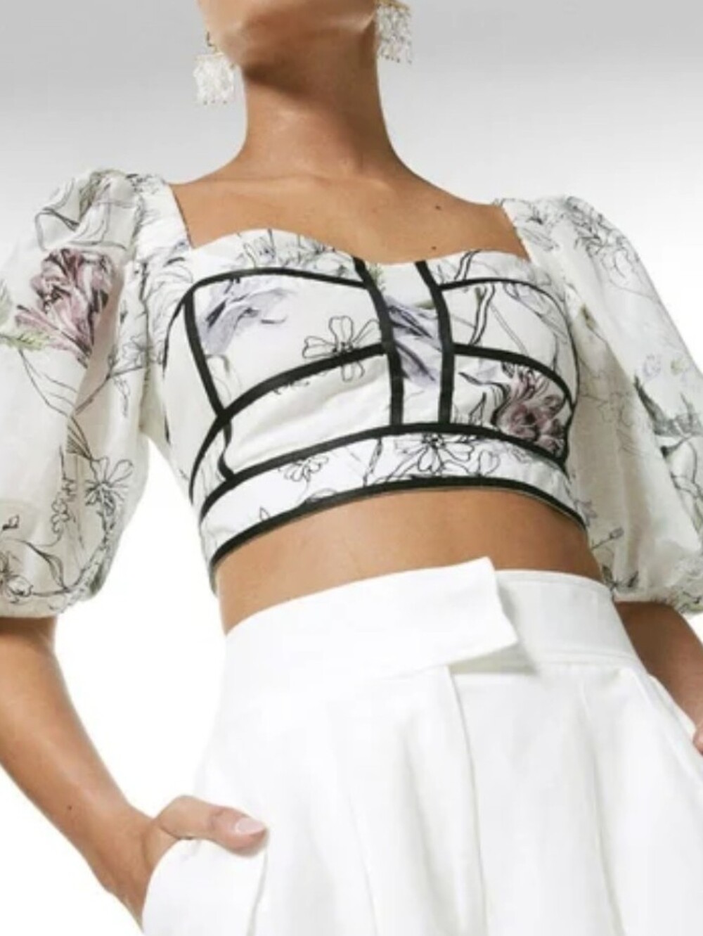 Karen Millen Botanical Silk Cotton Volume Sleeve Top 2 NWT White - Picture 1 of 7